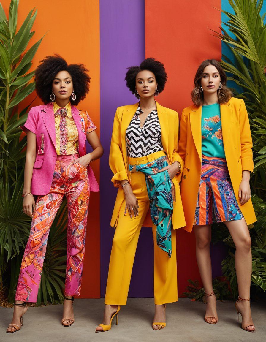 A bold and eclectic fashion scene featuring diverse adults sharing their unique styles in a vibrant outdoor setting, with colorful clothing and accessories reflecting various self-expressions. Include expressive body language and joyful interactions among a group of individuals, showcasing individuality and community spirit. The background should contain abstract fashion elements and bold patterns to highlight creativity. super-realistic. vibrant colors. dynamic composition.