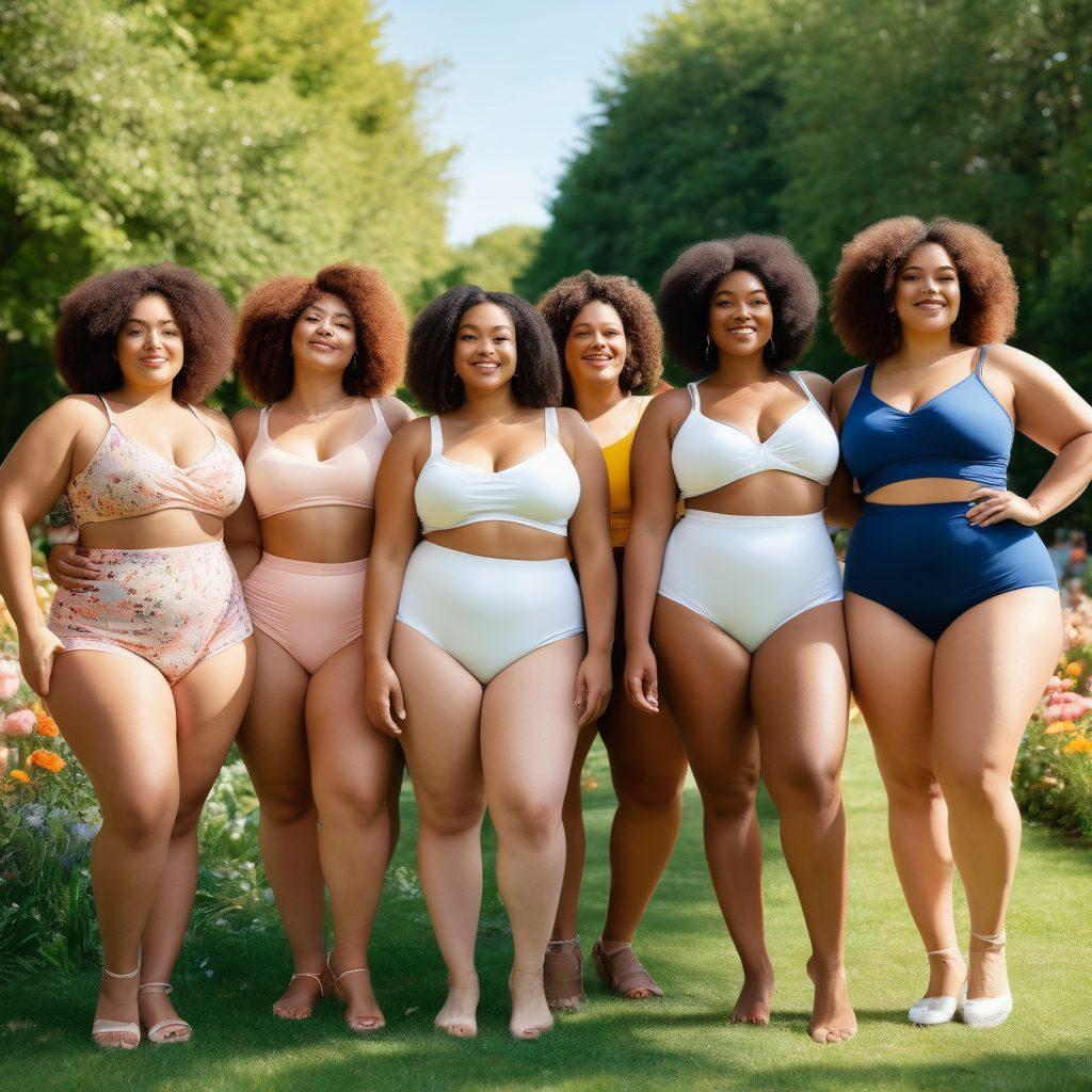 A diverse group of confident women of different body shapes and sizes celebrating body positivity in a sunny park setting. Each woman displays a unique fashion style, showcasing their natural beauty, with soft, warm lighting and vibrant flowers in the background. Empowering words like 'Love Yourself' and 'Embrace Diversity' are artistically integrated into the scene. super-realistic. vibrant colors. sunny background.