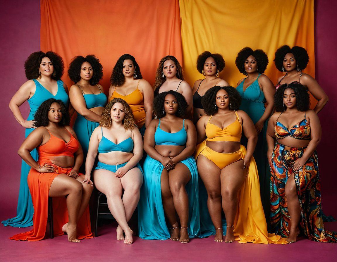 A diverse group of confident individuals showcasing their bodies in a vibrant, artistic setting, embodying body positivity. Focus on intimate content creation elements like photography equipment, soft lighting, and colorful fabric drapery, with each person's unique style shining through. The background features bold, uplifting typography that reads 'Confidence through Body Positivity'. super-realistic. vibrant colors. artistic backdrop.